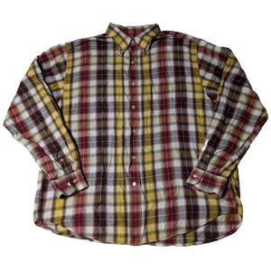 KEELER BAY Men XL Yellow Burgundy Cotton Plaid Long Sleeve Button-Up Shirt
